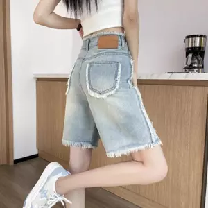 Quần jean thẳng có viền thô màu xanh nhạt thường ngày thon gọn hơn Quần giữa năm điểm lưng cao