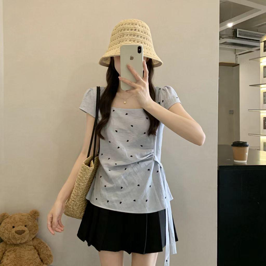 [Ưu đãi đặc biệt trong thời gian có hạn] Áo sơ mi ngắn tay tình yêu ngọt ngào phong cách nữ tính mùa hè béo MM Phiên bản Hàn Quốc Cổ vuông không đều có dây buộc
