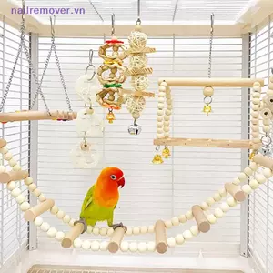 Bộ 8 đồ chơi huấn luyện vẹt gỗ tự nhiên: xích đu, thanh đứng, cầu leo cho lồng chim, phụ kiện thú cưng