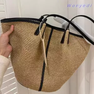 Túi Tote WANYEDI, có viền tương phản Túi đeo vai dệt tay, Ví mây Hobo công suất lớn có thể gập lại hợp thời trang