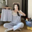 Bộ ba món đồ ngủ áo ngắn tay, quần đùi và quần dài; trang phục ở nhà ngọt ngào, cổ bẻ rộng, viền ren xinh xắn