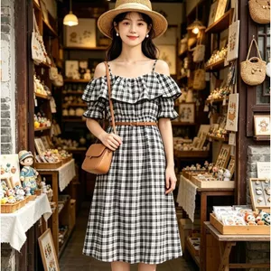 Váy đeo chéo một vai màu đen trắng xếp nếp mùa hè Váy chữ A nhỏ gọn dáng rộng