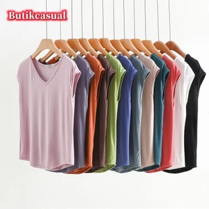 Áo cotton nữ modal mùa hè 2024 không dây trơn dáng rộng cổ tròn thời trang giản dị M-2XL