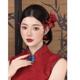 1 Bộ Váy nướng bánh mì đỏ cô dâu trang phục trang trọng phụ kiện tóc cưới