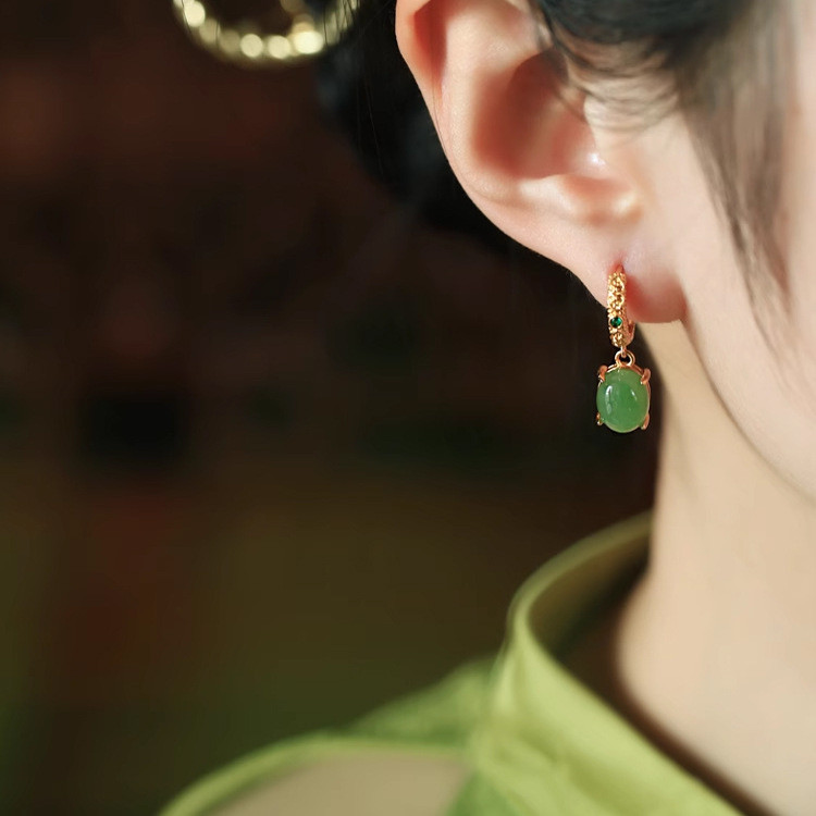 Bông tai đá mắt mèo mạ vàng phong cách Trung Quốc