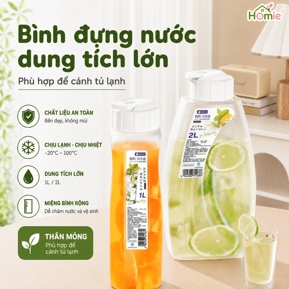 Bình Đựng Nước Chịu Nhiệt 1L-2L HOMIE, Bình Nước Tủ Lạnh Dung Tích Lớn, Nhựa PP An Toàn, Cao Cấp