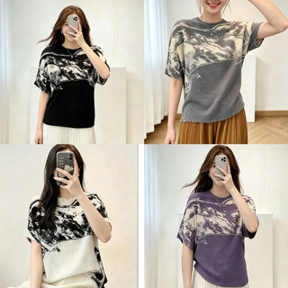 Issey Miyake Họa Tiết Mực Tranh Xếp Ly Áo Thun Nữ Phong Cách Hàn Quốc Rời Cổ Tròn Áo Chui Đầu Tay Ngắn Mùa Hè