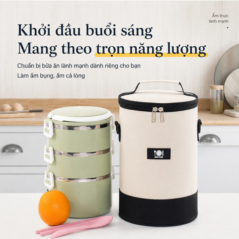 Túi giữ nhiệt hộp cơm văn phòng 3 lớp dày dặn, chống nước chống xước, có quai xách tiện lợi, giữ cơm nóng suốt ngày