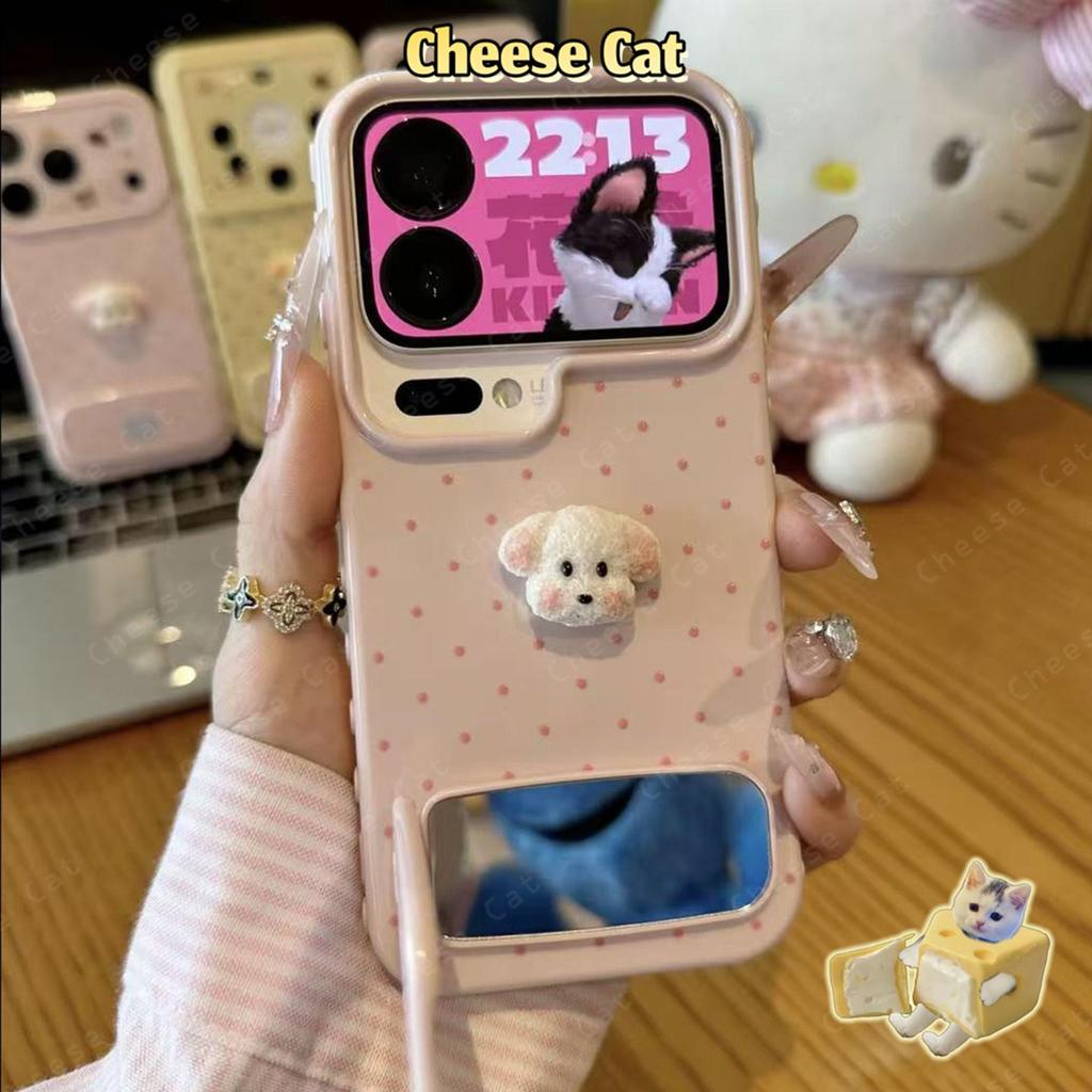 Ốp điện thoại có đế gương 3D hình cún con dễ thương cho iPhone 17 Pro Max 11 12 13 14 15 16 Plus
