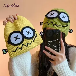 AqToCna Hoạt Hình Dễ Thương Vòng Bò Mũ Nữ Màu Kẹo Mắt Lớn Cười Skullies Mũ Thời Trang Dạo Phố Sinh Viên Ấm Áp Mùa Đông Dệt Kim AqToCna