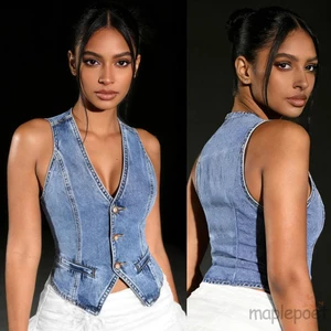 MAPLEPOET-Áo cổ chữ V không tay ôm vừa vặn cho nữ Áo ghi lê Denim