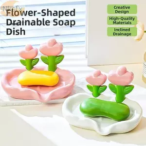 Đĩa xà phòng thoát nước NKSFX, Khay đựng xà phòng chống trượt thiết kế hoa Tulip, Màu trơn sáng tạo Không cần khoan với giá đựng xà phòng máng thoát nước Trang trí phòng tắm tại nhà
