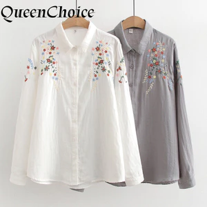 Áo sơ mi nữ Cotton trắng thêu hoa dài tay nữ cổ ngọt ngào làm việc hàng đầu