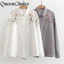 Áo sơ mi nữ Cotton trắng thêu hoa dài tay nữ cổ ngọt ngào làm việc hàng đầu