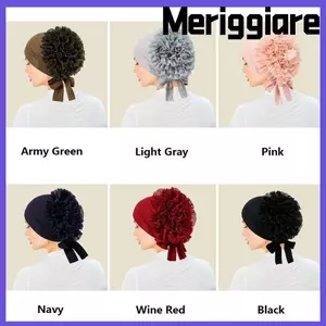 MERIGGIARE Áo Hijabs buộc sẵn, Mũ Turban màu trơn, Thời trang co giãn lưng ren hoa mỏng Modal bên trong Mũ trùm đầu nữ