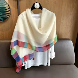 Khăn choàng gạc AWNGD, Khăn choàng tua rua viền cầu vồng, Viền đầy màu sắc Nhẹ mềm mại Khăn choàng mặt trời thời trang nữ
