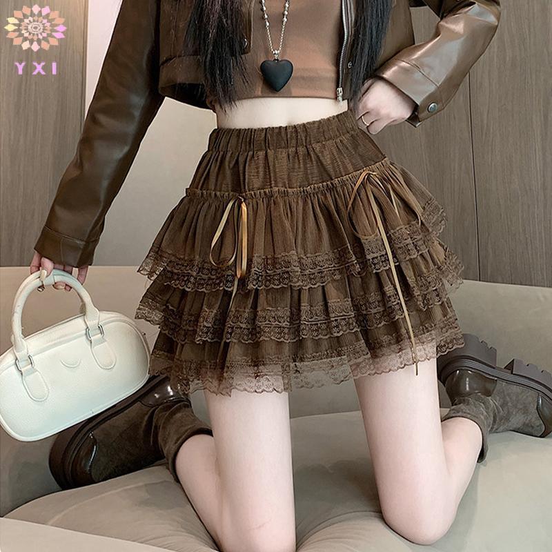 Y.X.I Pháp Bướm Thắt Lưng Cao Nửa Váy Nữ Ren Nối Váy Co Giãn Cho Mùa Xuân Hè Mới
