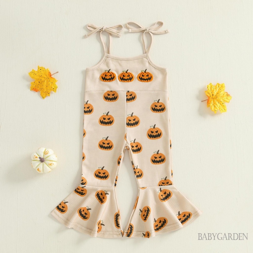 Bộ áo liền quần Halloween cho bé gái không tay Dây buộc in hình bí ngô