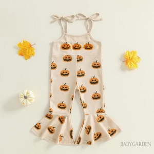 Bộ áo liền quần Halloween cho bé gái không tay Dây buộc in hình bí ngô