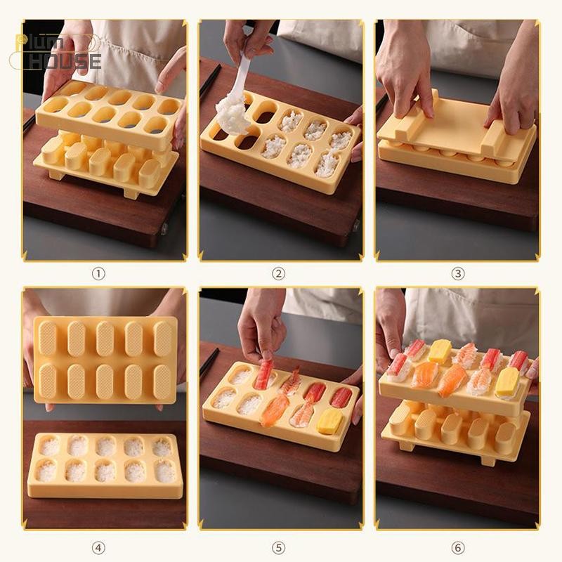 PlumHOUSE Khuôn cơm hình chữ nhật Musubi Press 10 trong 1, làm Onigiri/Nigiri/Sushi, bộ DIY cơm ép Nhật Bản