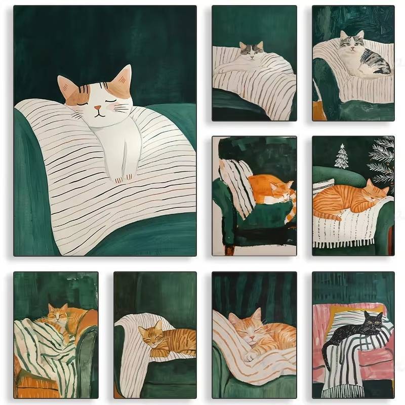 Mèo ngủ màu xanh đậm mèo con áp phích và in vải canvas phòng khách tối giản bức tranh tường trang trí nhà quà tặng