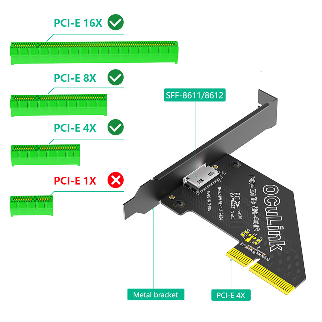 Thẻ chuyển đổi JMT PCI-E 4.0 1X / 4X sang Oculink SFF-8611 / 8612 với vách ngăn dài 120mm Chuyển đổi thành SSD SFF-U.2