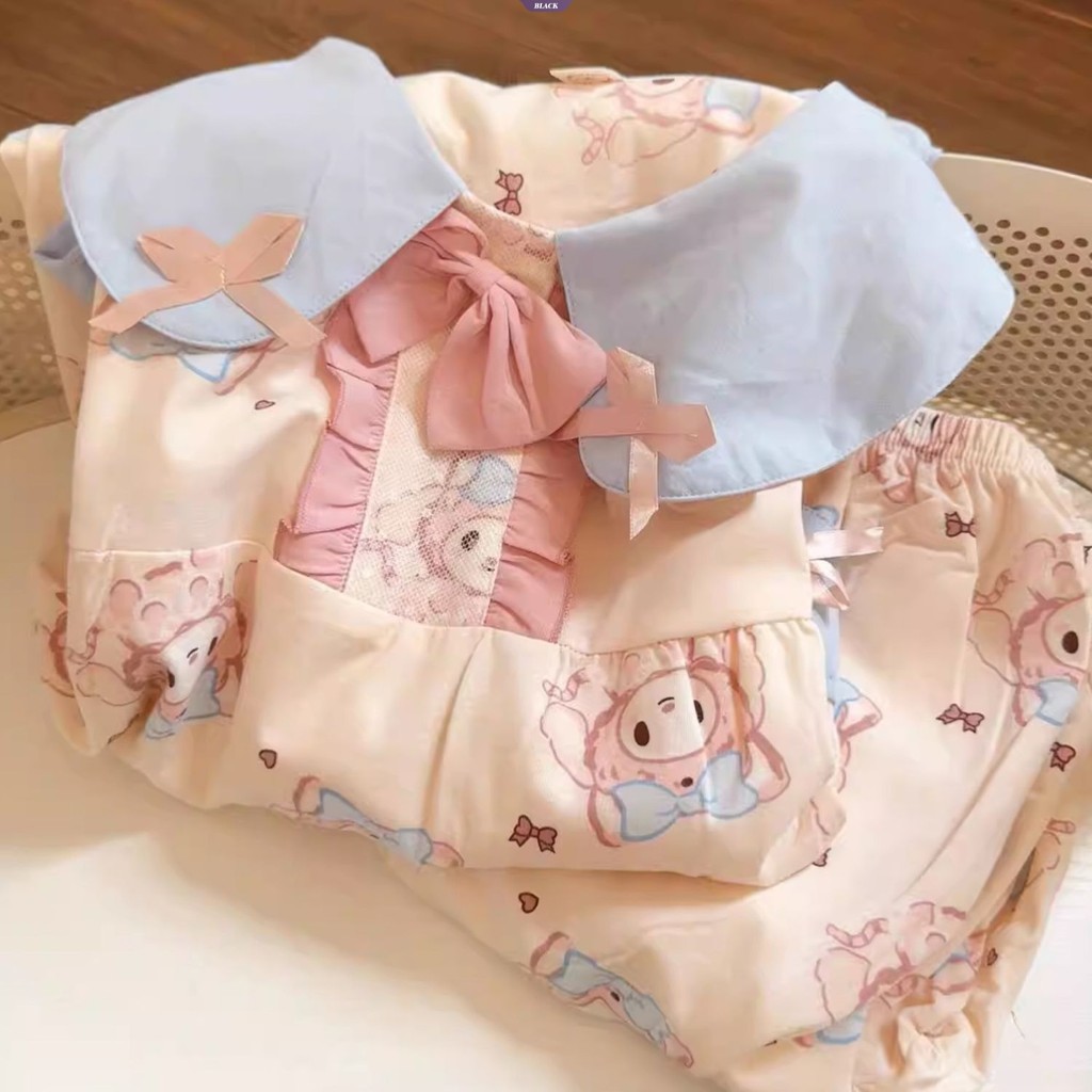 Bộ đồ ngủ thỏ lưới ren ngọt ngào, cổ búp bê cho xuân thu, quần dài tay