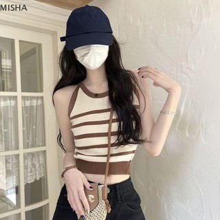 Misa Mùa Hè Hàn Quốc Thời Trang Sọc Dệt Kim Tank Top Nữ Cổ Tròn Không Tay Áo Ôm