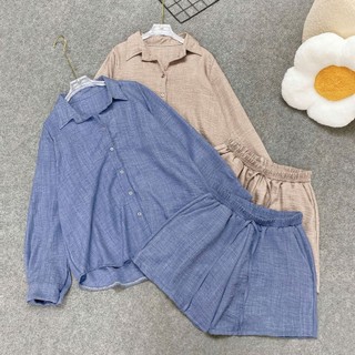 SET Bộ Bigsize Nữ Áo Sơ Mi Tay Dài Form Rộng Kèm Quần Đui Lưng Chun Vải Đũi Vân Mây SET861