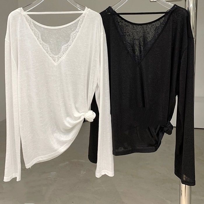 Milyfashion Lười Gợi Cảm Ren Khâu Cổ Chữ V Dây Dài Tay T Drape Chống Nắng Quần Áo Nữ