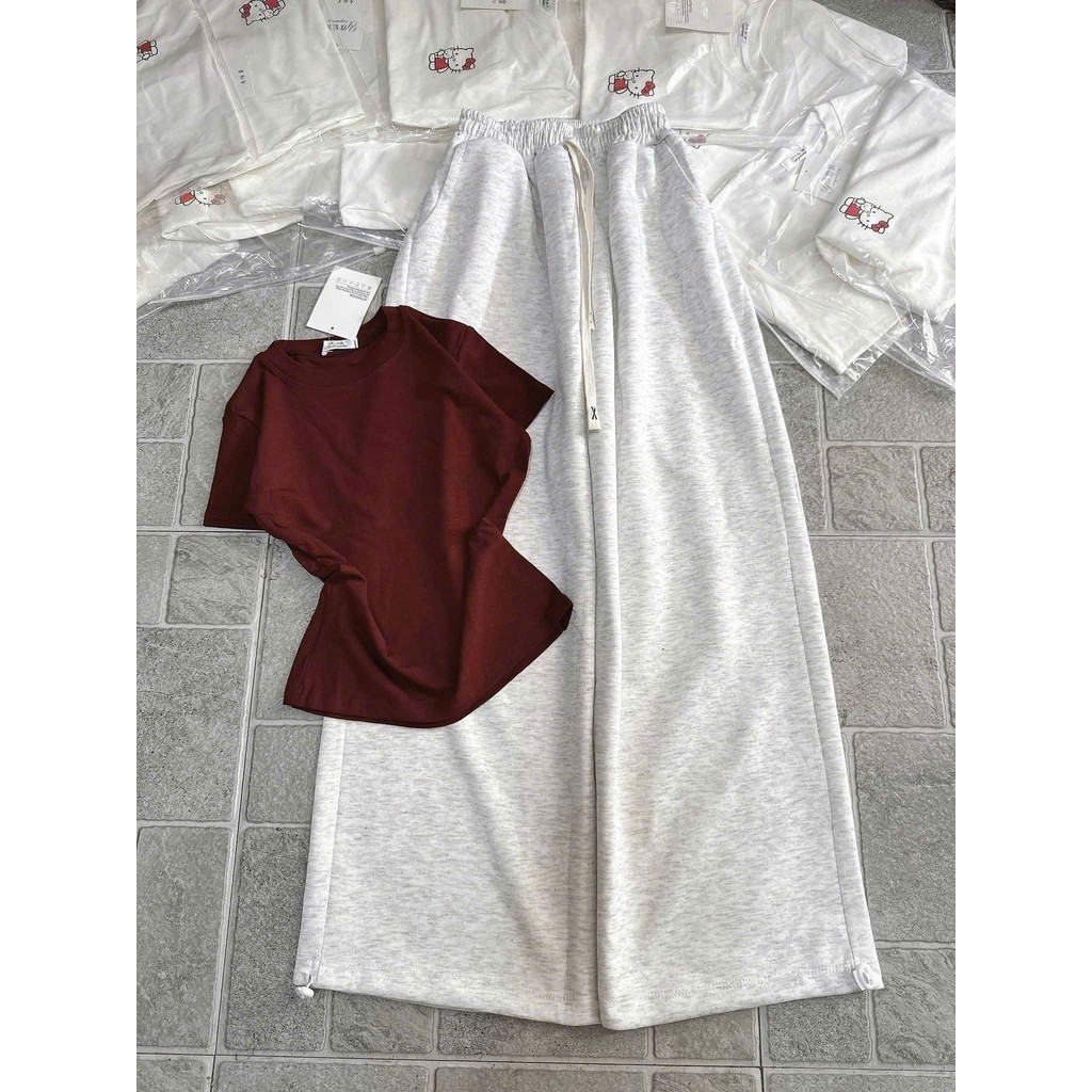 SÉT BỘ QUẦN ỐNG RỘNG DA CÁ DÁNG DÀI TRƠN+ MIX ÁO THUN TĂM CROPTOP TRƠN