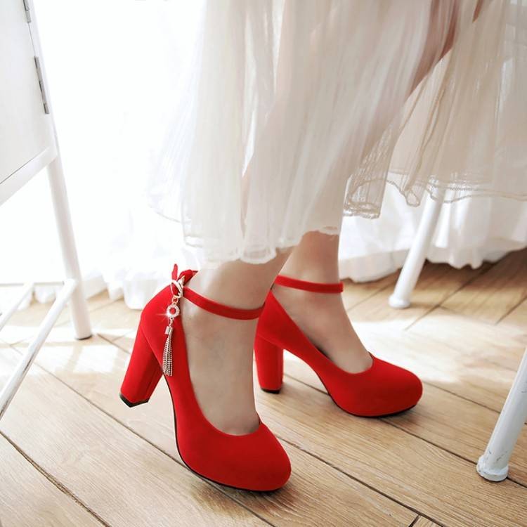 TMLH32-43 Kích Thước Lớn Kích Thước Nhỏ Ngón Chân Tròn Dày Cao Gót Đơn Giản Giày Cưới Khóa Phẳng Dây Da Lộn Mờ Viền Quyến Rũ Thời Trang Tất Cả Trận Đấu Dây Lưng Giày Đơn