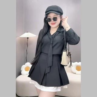 Set Bộ Bigsize Nữ Công Sở Áo Sơ Mi Kèm Cà Vạt Phối Chân Váy A Tennis Lưng Cao Tôn Dáng Có Bảo Hộ - SET( SM168+CV421)