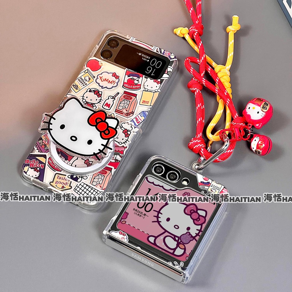 Ốp Điện Thoại Thích Hợp Cho Samsung Galaxy ZFlip7 Hoạt Hình Mèo Kitty Dễ Thương Từ Tính Giá Đỡ Vòng Tay Cho ZFlip 7 6 5 4 3 5G N3Flip MixFlip Dây Có Thể Gập Lại Vỏ Bảo Vệ Cứng