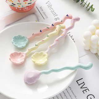 Thìa tay cầm dài bằng gốm dễ thương - Thìa tráng miệng cỏ ba lá màu tím, Máy khuấy cà phê, Muỗng kem DINY