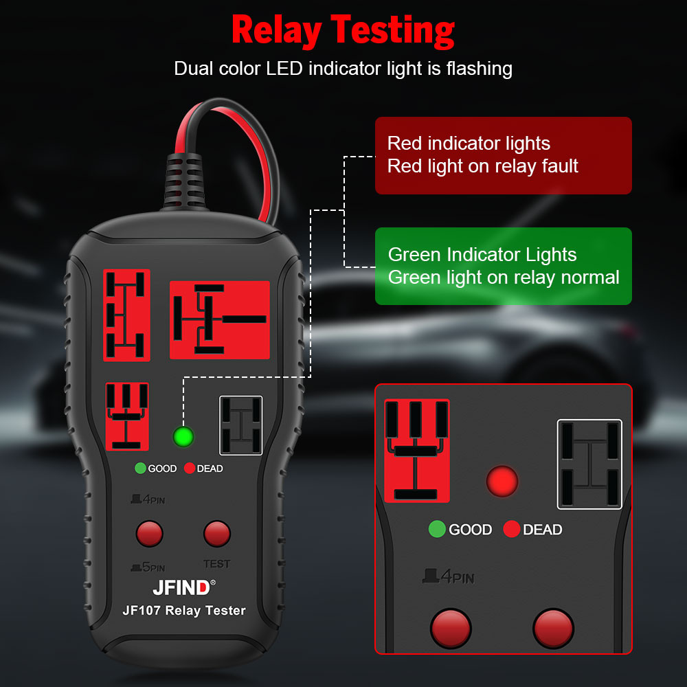 JFind JF107 Máy kiểm tra rơle ô tô 12V/24V, chẩn đoán rơle LED