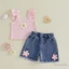 1-5 Tuổi Trẻ Em Bé Gái Bộ 2psc Hoa Thêu Camisoles Với Quần Short Denim Quần Áo Mùa Hè