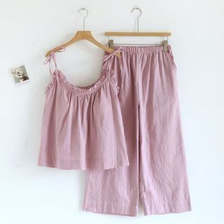 [Pre-Order]_0001 -Bộ đồ ngủ phong cách Hàn Quốc, kiểu ins, có đệm ngực, gồm áo hai dây và quần dài, đơn giản và rộng rãi