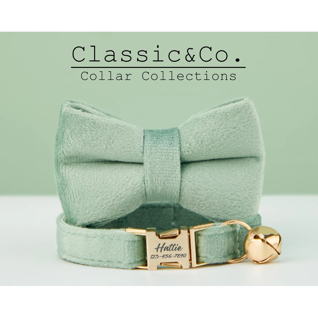 Bộ dây buộc nơ cổ mèo được cá nhân hóa, Vòng cổ mèo nhung Sagegreen, Vòng cổ mèo tùy chỉnh có khắc tên, Thẻ tên thú cưng khắc