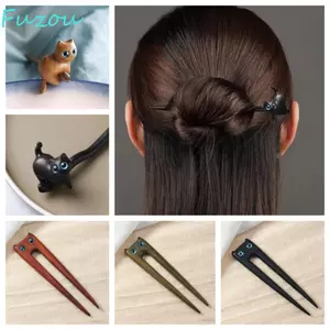 Kẹp tóc mèo gỗ đàn hương FUJIZOU, Mũ lưỡi trai bằng gỗ Blackwood Kitty Hair Stick, Phụ kiện tóc hình chữ U sáng tạo tinh tế