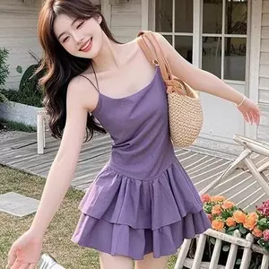 Đầm đeo cổ dây màu tím phong cách múa ba lê mùa hè ngọt ngào Cô gái nóng bỏng Váy bánh lông tơ eo hẹp