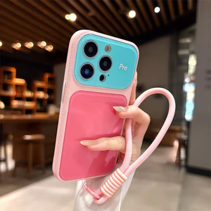 Ốp điện thoại dây đeo cổ tay màu tương phản thời trang cho iPhone 17 Pro Max 13 14 15 16 pro max Bảo vệ ống kính chống rơi Vỏ cứng bảo vệ điện thoại