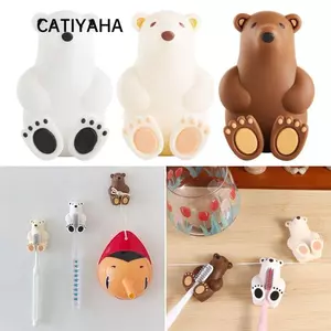 Giá đỡ bàn chải đánh răng CATIYAHA, Giá đựng bàn chải đánh răng hình gấu hoạt hình, Phụ kiện phòng tắm có thể tháo rời Móc treo tường không đục lỗ