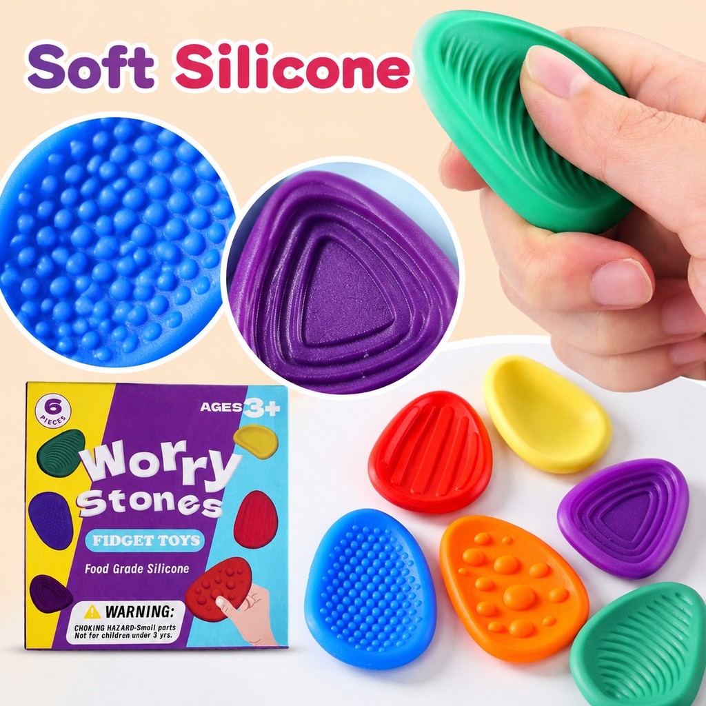 6 Chiếc Có Họa Tiết Silicon Giảm Căng Thẳng Đá Di Động Bỏ Túi Fidget Đồ Chơi Làm Mát Lo Lắng Đá Để Giảm Cảm Xúc