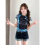 Milyfashion Cat Kẻ Sọc In Hình Giả Hai Mảnh Khâu Ngắn Top Slim-fit Slimmer Look Gạc Xanh Tay Ngắn T Y2K Phong Cách Mới