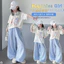 Quần ca rô mỏng mùa hè cho bé gái Phong cách mới Quần ống rộng màu xanh thông thường cho trẻ em