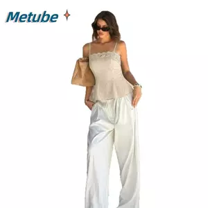Áo ba lỗ nữ METUBE, Áo hai dây ren mùa hè xếp li, Áo hai dây thêu đa năng Slim Fit đi chơi