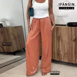 Quần ống rộng FANSIN, Quần Sequin cạp cao dây rút màu trơn, Quần dài dáng rộng sang trọng Quần dạo phố