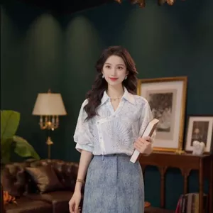 Thiết Kế Pháp Sense Xanh Trắng Cà vạt-Dye Áo Sơ Mi Tay Ngắn Nữ Mùa Hè Phù Hợp Với Tuổi @ -