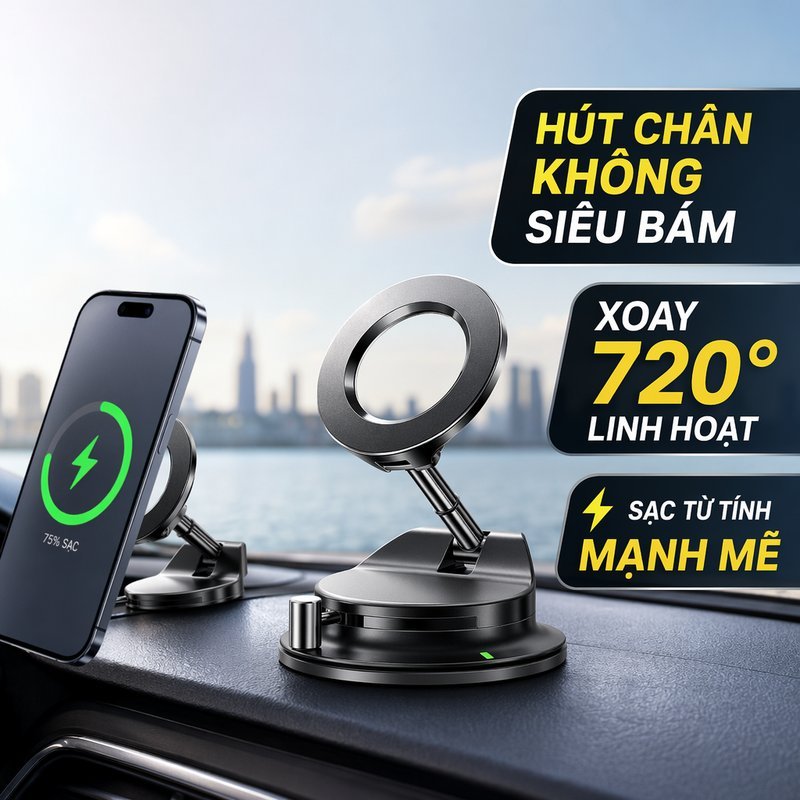 Gia Đỡ Điện Thoại Từ Tính Hút Chân Không Xoay 360 Độ Hỗ Trợ MagSafe Gắn Ô Tô Bàn